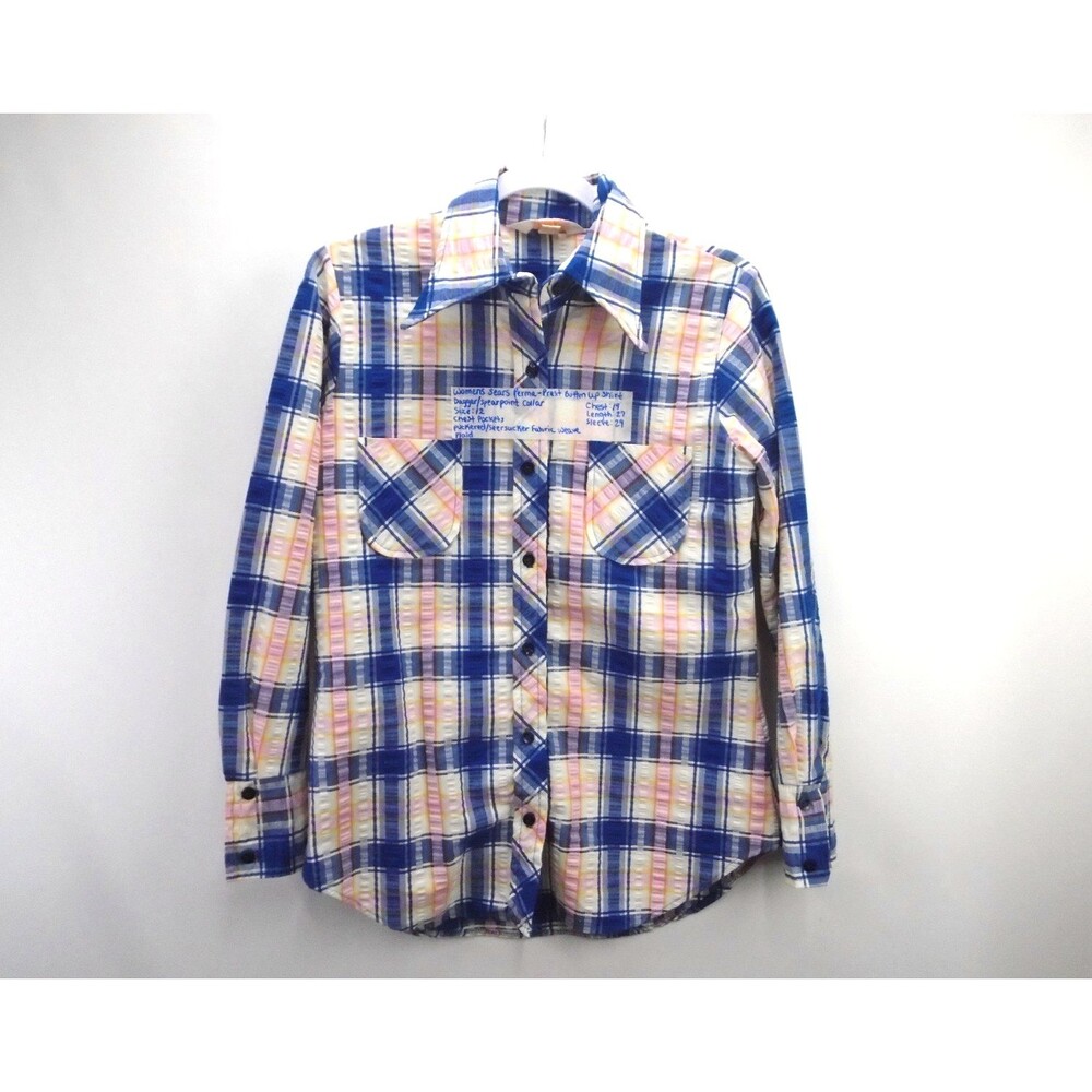 VTG 70s Sears Perma-Prest Women 12 Plaid Seersucker Button Shirt Dagger Collar
